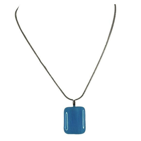 Silver Tone Necklace with Blue Retangle Pendant Slide on Chain 17” 3” Extender - Picture 6 of 8
